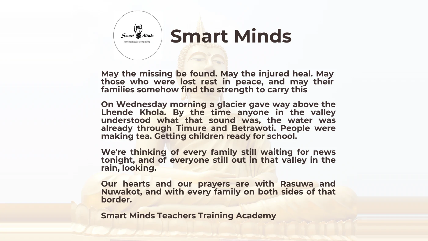Smart Minds message of condolence for Rasuwa and Nuwakot, set against a seated Buddha